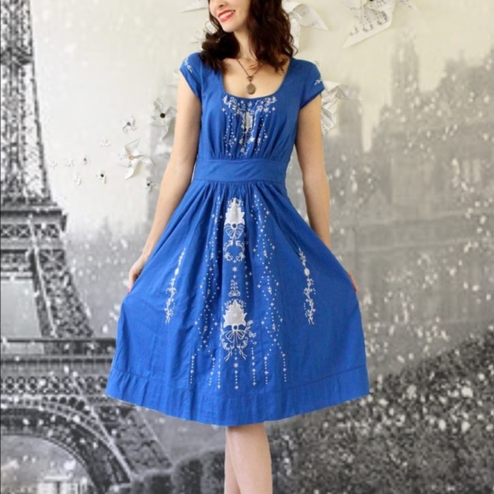 Anthropologie Lil Harissa Blue Embroidered Peasant Dress